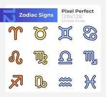 twaalf dierenriem tekens van western astrologie pixel perfect rgb kleur pictogrammen set. geïsoleerd vector illustraties. gemakkelijk gevulde lijn tekeningen verzameling. bewerkbare beroerte