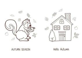 herfst hand- getrokken tekening met herfst huisje en eekhoorn Aan knus achtergrond vector