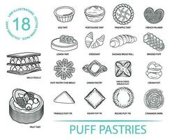 bladerdeeg gebakjes bewerkbare beroerte schets pictogrammen set. croissant, taarten, mille, taarten, taart, vruchten. vector illustratie.