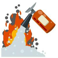 brandblusser. brandweerman hulpmiddel. rood cilinder. vlak tekenfilm illustratie. rook, vlam en schuim. groot brand vector