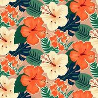 vector naadloos patroon met divers tropisch bladeren en hibiscus bloemen Aan oranje achtergrond