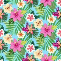 vector naadloos patroon met divers tropisch bladeren en bloemen Aan blauw achtergrond