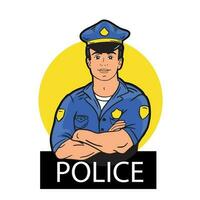 Politie officier logo in kleur hand- getrokken in tekening stijl Aan geel achtergrond.politie schets.vector illustratie. vector