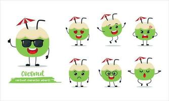 schattig groen kokosnoot tekenfilm met veel uitdrukkingen. verschillend werkzaamheid houding vector illustratie vlak ontwerp reeks wiear zonnebril.