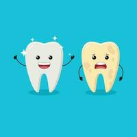 schattig grappig gezond en glimmend tanden. verdrietig vuil tand vector illustratie.