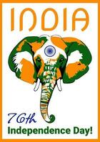 Indië onafhankelijkheid dag viering poster met gestileerde olifant hoofd, tekst en symbool van Indië, 15 augustus dag viering van onafhankelijkheid van Indië. vector