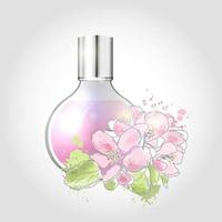 vectorillustratie van een realistische stijl parfum in een glazen fles en bloemen. vector