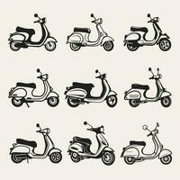 scooter silhouet pictogrammen reeks logo zwart motorfiets voertuig silhouetten vector illustratie