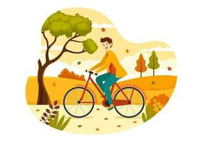 vallen werkzaamheid vector illustratie met activiteiten Leuk vinden een mensen ritten een fiets, lezen boek, kom tot rust of jogging in de herfst stad park Sjablonen