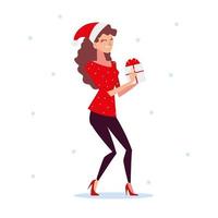 kerstmensen, brunette vrouw met hoed en cadeau seizoen winterviering vector