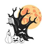 halloween boom met eng pompoenen, vol maan monochroom concept vector plek illustratie. spookachtig Woud 2d vlak bw tekenfilm samenstelling voor web ui ontwerp. geïsoleerd bewerkbare hand- getrokken held beeld