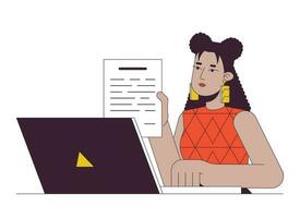 mooi spaans vrouw Bij laptop vlak lijn kleur vector karakter. bewerkbare schets voor de helft lichaam persoon Aan wit. latina arbeider Holding document gemakkelijk tekenfilm plek illustratie voor web grafisch ontwerp