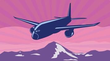 jumbojet-vliegtuig of vliegtuig dat over bergen vliegt met zonnestraal gedaan in wpa-posterkunststijl vector