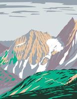 cascadepas of skagitpas met gapende gletsjer over het noordelijke cascadebereik gelegen in het noordelijke cascades nationaal park in de staat Washington wpa posterkunst vector