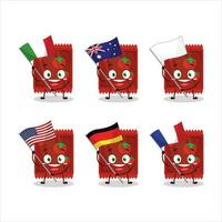 ketchup zakje tekenfilm karakter brengen de vlaggen van divers landen vector