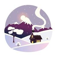 winterlandschap met huis, bergen en boom met sneeuw vector