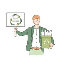 een man staat met een prullenbak in de ene hand en een recyclingbord in de andere. handgetekende stijl vectorontwerpillustraties. vector