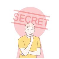 een man bedekt zijn mond met zijn hand en vertelt een geheim. handgetekende stijl vectorontwerpillustraties. vector