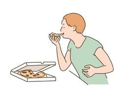 zijaanzicht van vrouw die pizza eet. handgetekende stijl vectorontwerpillustraties. vector