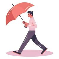 hand- getrokken jong Mens wandelen met paraplu in vlak stijl vector