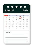 augustus 2024 Notitie kalender sjabloon. vector ontwerp