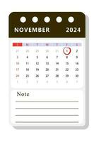 november 2024 Notitie kalender sjabloon. vector ontwerp