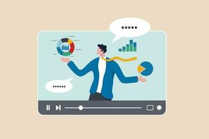 uitlegger video online zelfstudie of opleiding Cursus, expertise uitleggen bedrijf strategie online, film of onderwijs video klem, zakenman deskundige leg uit bedrijf taart tabel in video koppel. vector