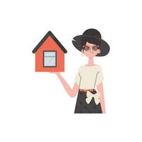 de meisje is afgebeeld tot je middel Holding een huis in haar handen. de concept van verkoop een huis. geïsoleerd. vector illustratie.