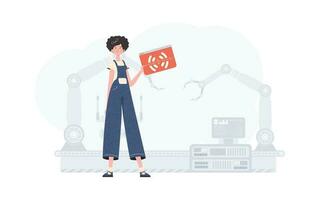 een vrouw is Holding een internet ding icoon in haar handen. internet van dingen concept. mooi zo voor websites en presentaties. vector illustratie.