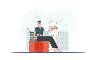 internet van dingen concept. een Mens houdt een telefoon met de iot logo in zijn handen. vector illustratie in modieus vlak stijl.
