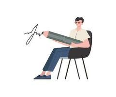 een Mens zit in een stoel Holding een groot potlood in zijn handen. geïsoleerd. element voor presentatie. vector