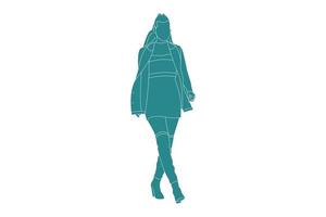 vector illustratie vrouw poseren op stoep, vlakke stijl met outline flat