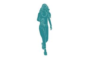 vectorillustratie van casual vrouw lopen met warme koffie, vlakke stijl met outline vector