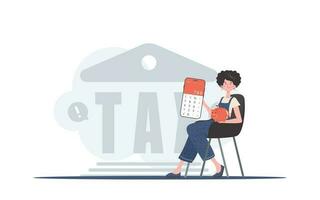 de meisje zit in een stoel en houdt een rekenmachine en een varkentje bank in haar handen. de concept van betaling en berekening van belastingen. neiging stijl, vector illustratie.