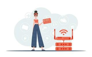 iot concept. een vrouw houdt een paneel met analysatoren en indicatoren in haar handen. mooi zo voor websites en presentaties. vector illustratie.