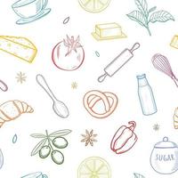 naadloze patroon met keuken hand getrokken schets gebruiksvoorwerpen, groenten en fruit. vectorillustratie. vector