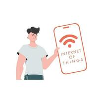 de vent is Holding een telefoon met de iot logo in zijn handen. iot concept. vector. vector