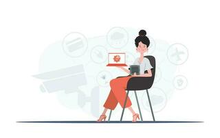 een vrouw houdt een laptop en een bewerker spaander in haar handen. internet van dingen concept. modieus vlak stijl. vector illustratie.