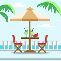 tafel met paraplu en met koude dranken, watermeloen, palmbomen bladeren op zonnig strand. vector platte cartoon afbeelding. café, restaurant, terras