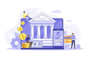 mobiel bankieren en online betalingsconcept. mensen die laptop en mobiele smartphone gebruiken voor online bankieren en boekhouden. vector platte illustratie. sjabloon voor bestemmingspagina