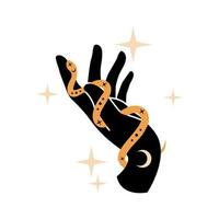 esoterische magische handen met slang, maan en sterren geïsoleerd op een witte achtergrond. mystieke astrologie platte vectorillustratie. eenvoudig vrouwelijk logo-ontwerp voor kaart, poster, uitnodiging, spa vector