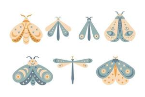 hand getekende set van mystieke nachtvlinder geïsoleerd op een witte achtergrond. vlinder vectorillustratie. mysterie symbolen. ontwerp voor verjaardag, feest, kledingafdrukken, wenskaarten. vector