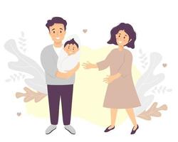 gezinsleven concept gelukkige echtgenoot houdt een glimlachende pasgeboren zoon in zijn armen een vrouw-vrouw staat naast vector