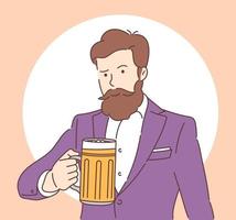 nationale bierdag vrolijke man met een baard in pak met een mok bier platte vectorillustratie vector