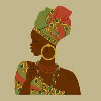 Afrikaanse mooi vrouw. vrouw etniciteit karakter in nationaal jurk, ornamenten, tulband. portret kunst. jong Afrikaanse Amerikaans meisje voor avatar, kaart, mode, schoonheid. vector tekenfilm vlak illustratie