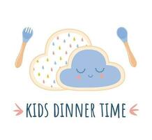 kinderen bord, vork en lepel siliconen serviesgoed voor baby vector. wit achtergrond. kinderen avondeten tijd vector