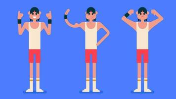 atleet speler tonen zijn zwak klein spieren, sport Mens met dun lichaam slijtage rood ondergoed aan het doen Leuk vinden teken en afkeer teken, vlak avatar vector illustratie.