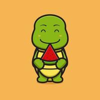 schattig schildpad mascotte karakter met watermeloen cartoon vector pictogram illustratie