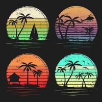 set van vintage retro zonsondergangen met palmen achtergrond grunge retro zonsondergang gestreept vector