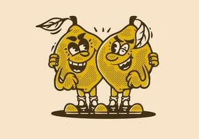 twee citroenen mascotte karakter illustratie in wijnoogst stijl vector